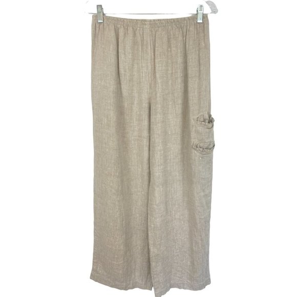 B Hadikusumo M Linen Pull on Pant Wide Leg Beige Elastic Waist Lagenlook - Picture 1 of 9
